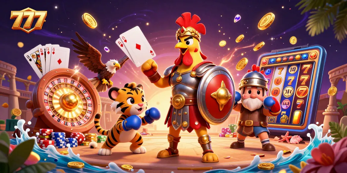 Engage with 777 slots in an immersive scene featuring a gladiator rooster and treasures.