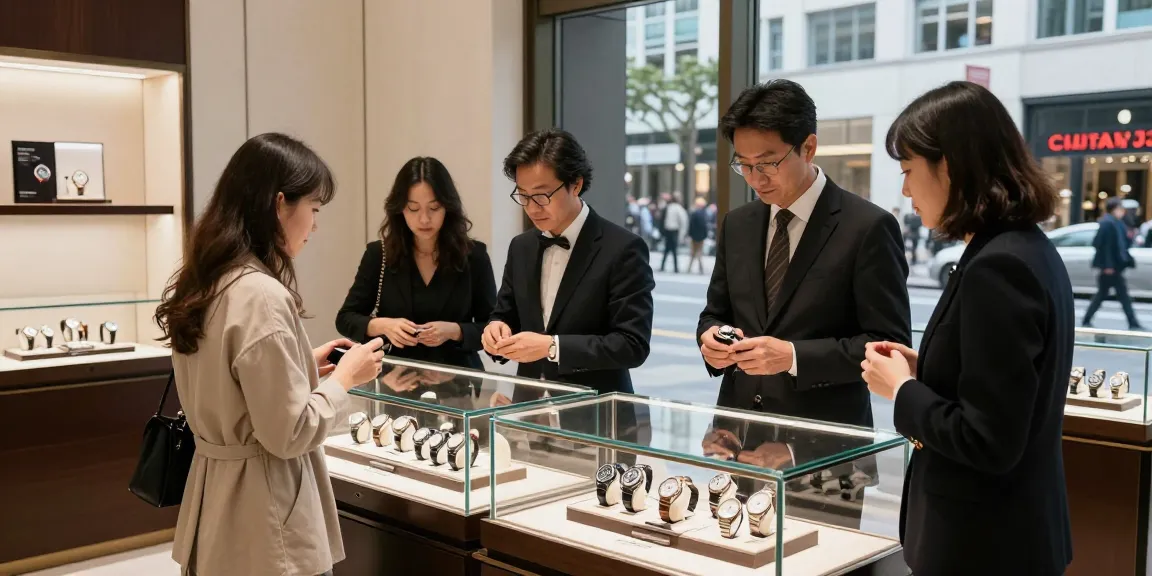 Exploring elegant 시계 레플리카 in a luxury showroom with shoppers admiring crafts.