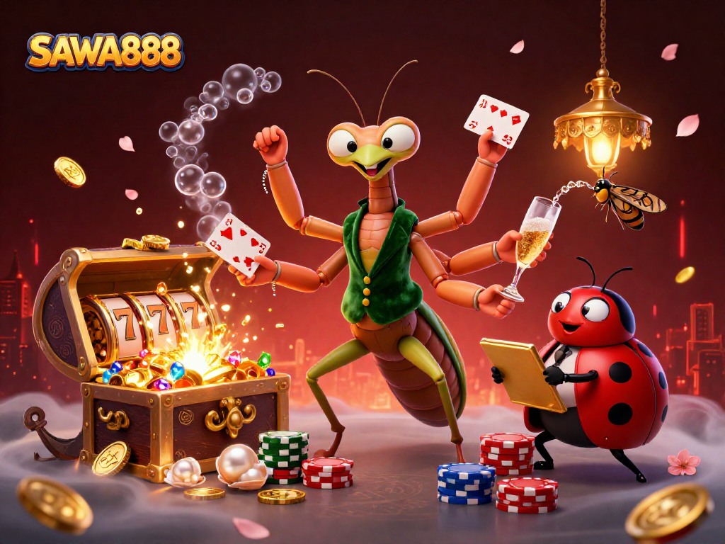 Experience thrilling gaming at SAWA888 with vibrant characters and dynamic gambling elements.
