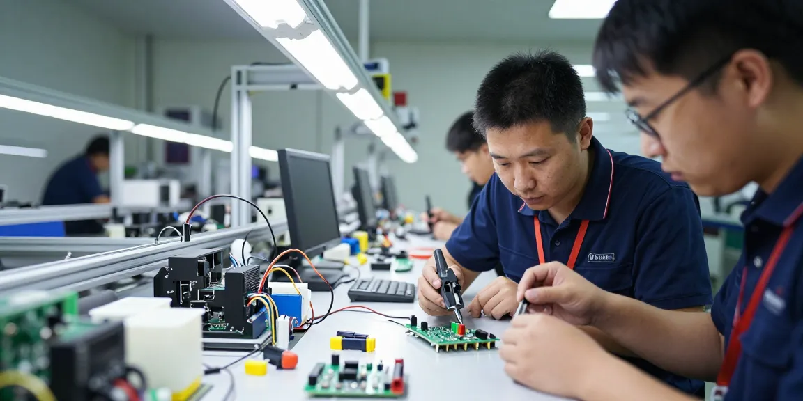 Engineers using crimp connectors in a busy electronics manufacturing environment