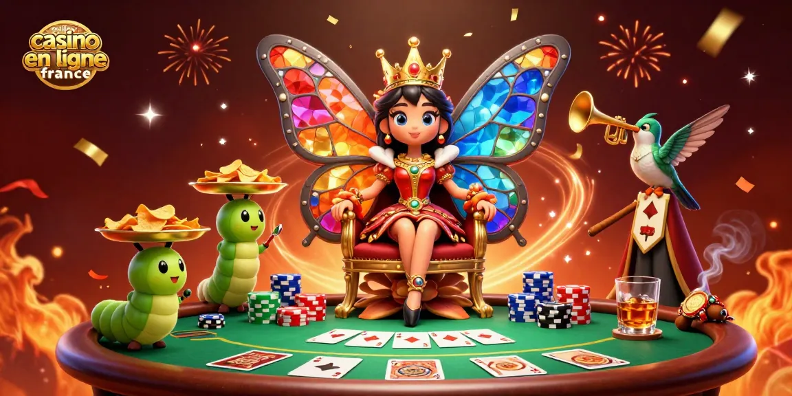 Visuel dynamique illustrant le meilleur casino en ligne France avec une reine papillon et des éléments de jeu captivants.