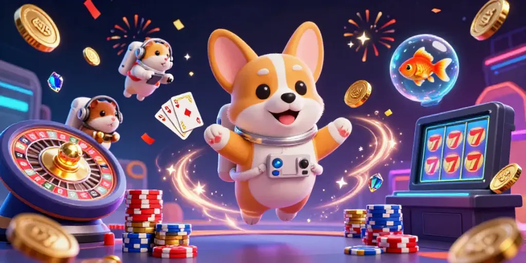 Engage in thrilling slots action with a 3D cartoon astronaut corgi in a space station casino.
