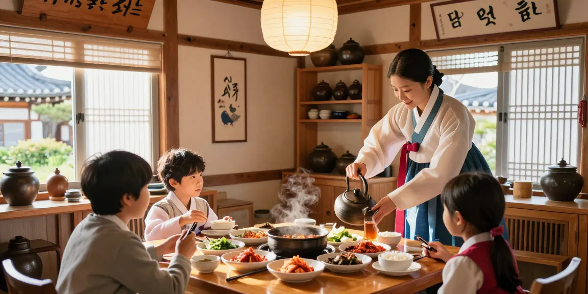 Delicious traditional dishes and family enjoying a meal at 상봉동 한국관, capturing the essence of Korean dining experience.