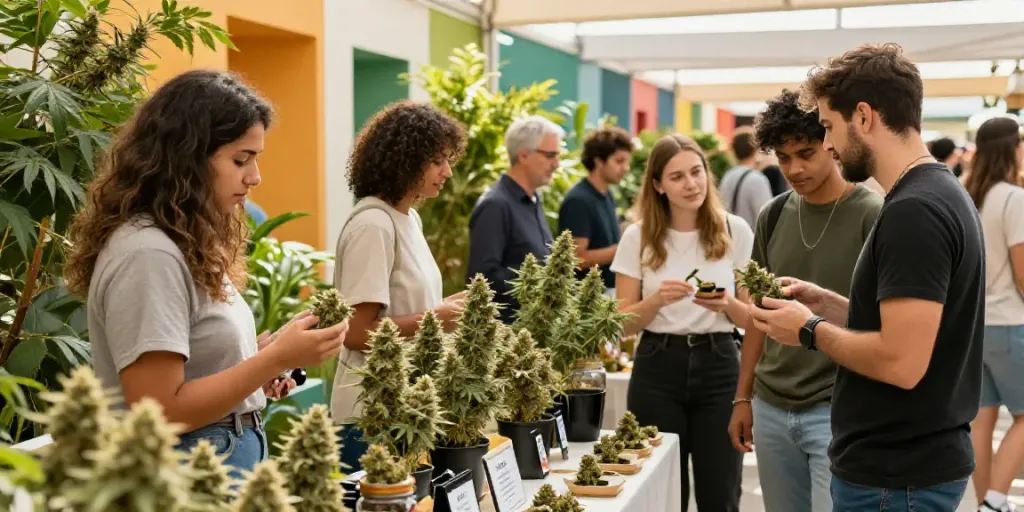 CBD Blüten kaufen auf einem lebhaften Marktplatz mit vielen Kunden, die verschiedene Sorten erkunden.
