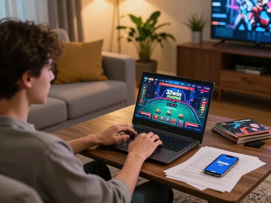 Player enjoying exciting online casino gameplay at 32win from the comfort of home