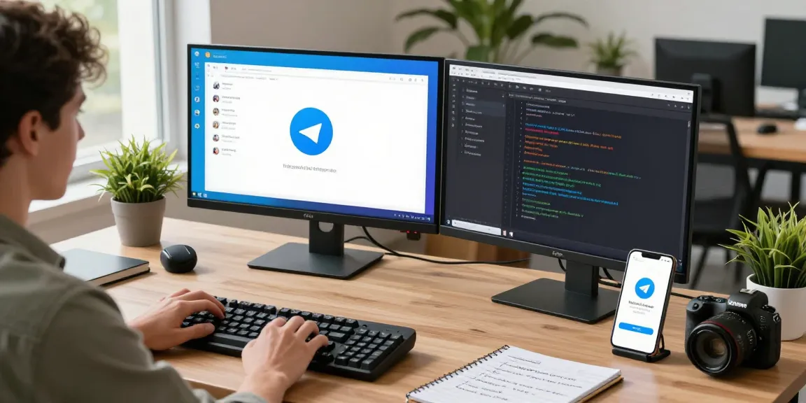 Developer setting up telegram中文版 in a modern workspace with dual monitors displaying app interfaces.