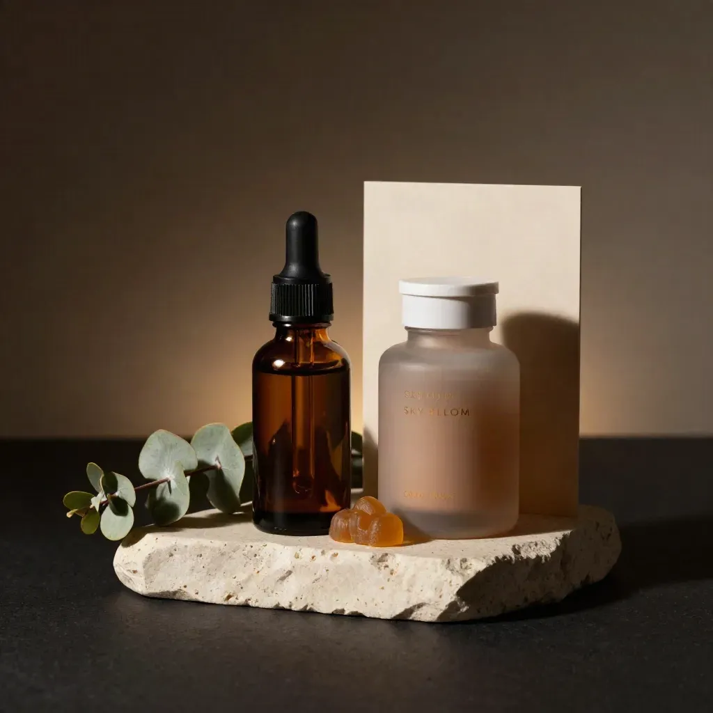 CBD oil, gummies, and capsule bottles on a cream stone plinth with a green stem