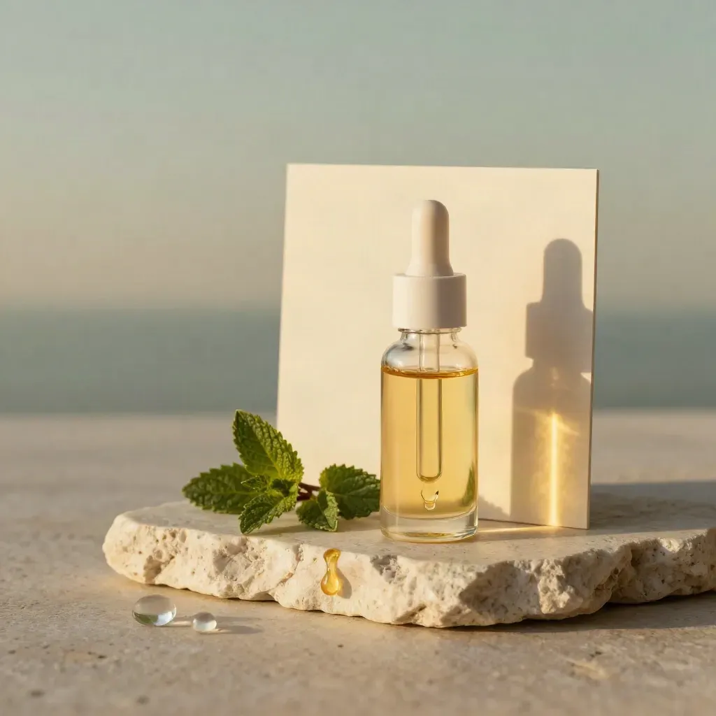 Peppermint CBD oil bottle on carved stone with leaves and a hanging droplet in golden dusk light.