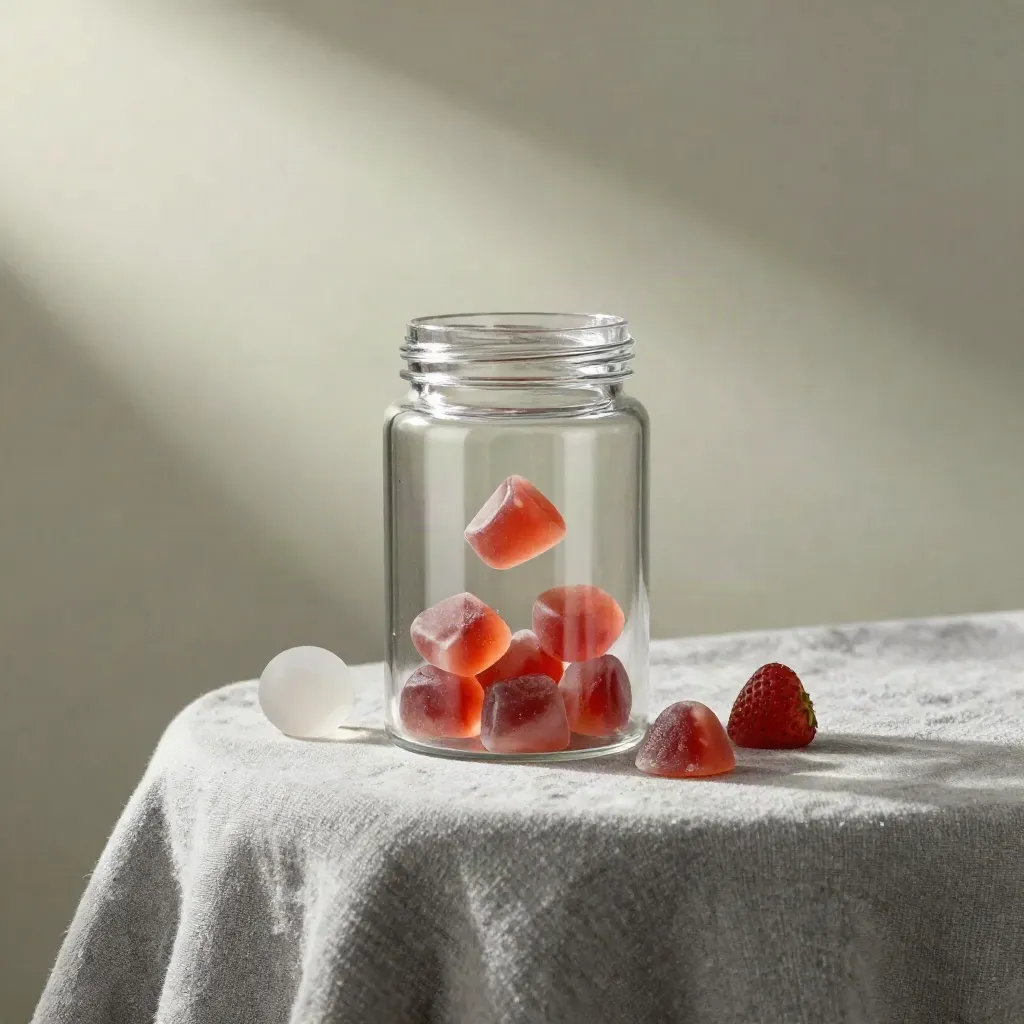 Unlabelled jar of strawberry sleep gummies with loose chews and frosted glass on a pale sweep