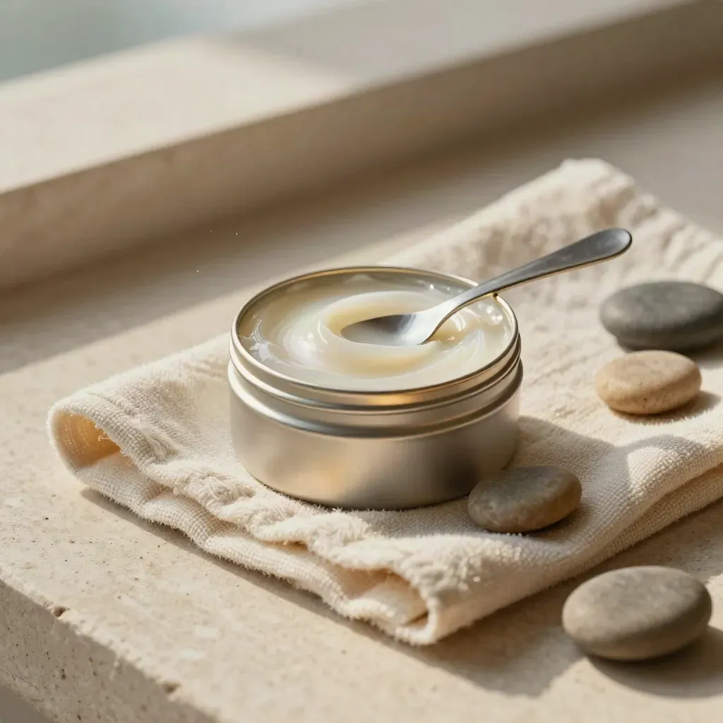 Open balm tin with cream towel and river stones in warm raking light