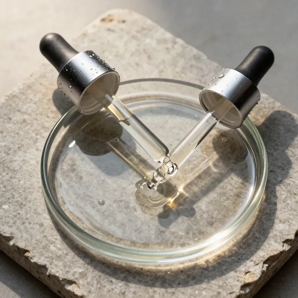 Overhead mint tincture bottle, glass oil dish, and two droppers on wet stone with a hanging droplet