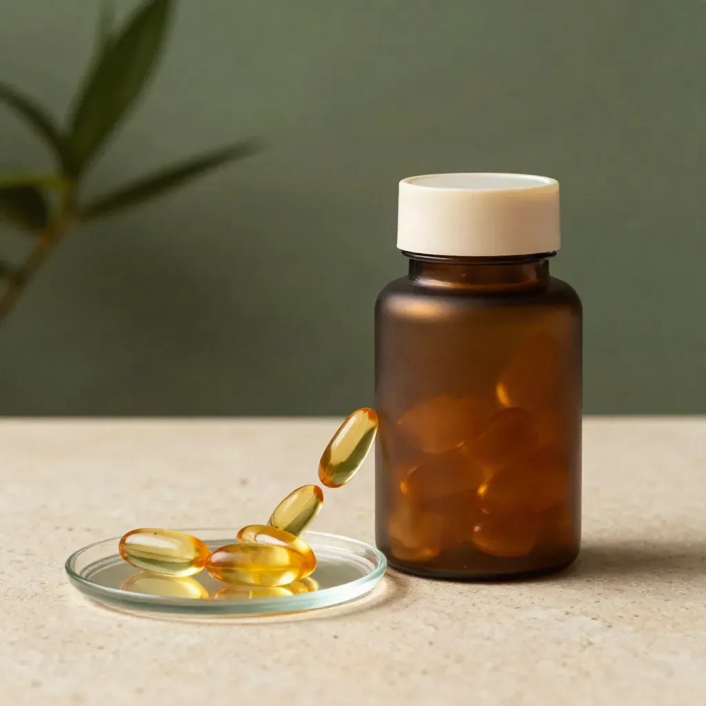 Amber softgels bottle with capsules arcing beside a glass tray on travertine