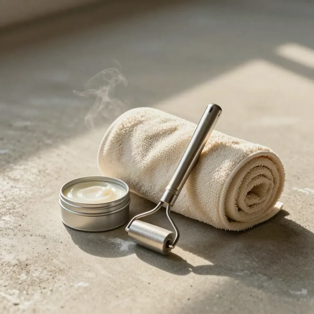 Muscle balm tin, rolled towel, and metal roller on pale concrete in chalky gym light