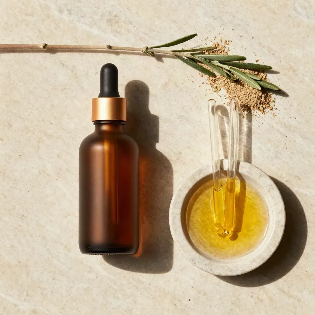 Overhead flatlay of an unlabelled CBD oil bottle, two droppers, and a stone dish of amber liquid.