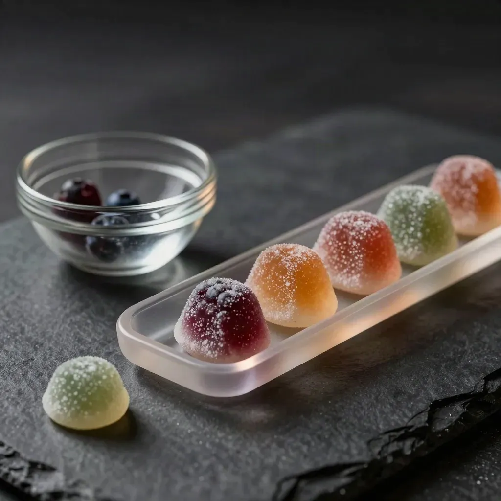 Mixed berry gummies in a translucent tray beside a glass bowl on dark stone.