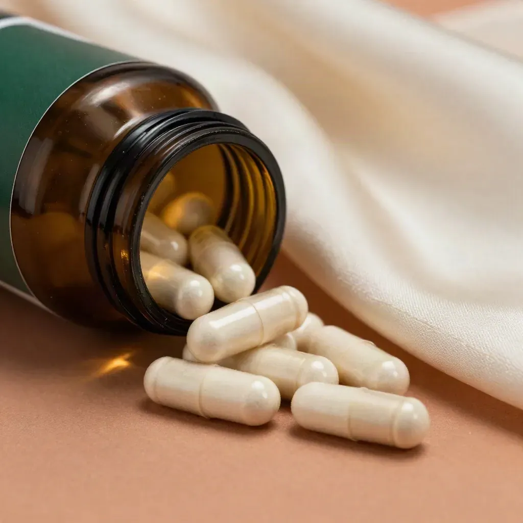 Capsule bottle tipped on satin cloth with capsules curving across it