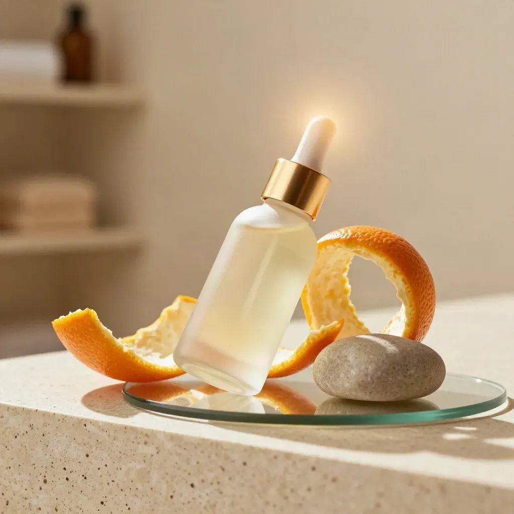 Citrus CBD oil bottle on travertine with citrus twist, stone cube, and glass tray in soft gold light.
