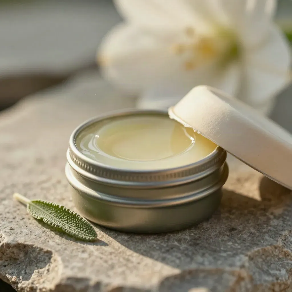 Opened mint CBD lip balm tin on stone with paper sleeve and herb sprig