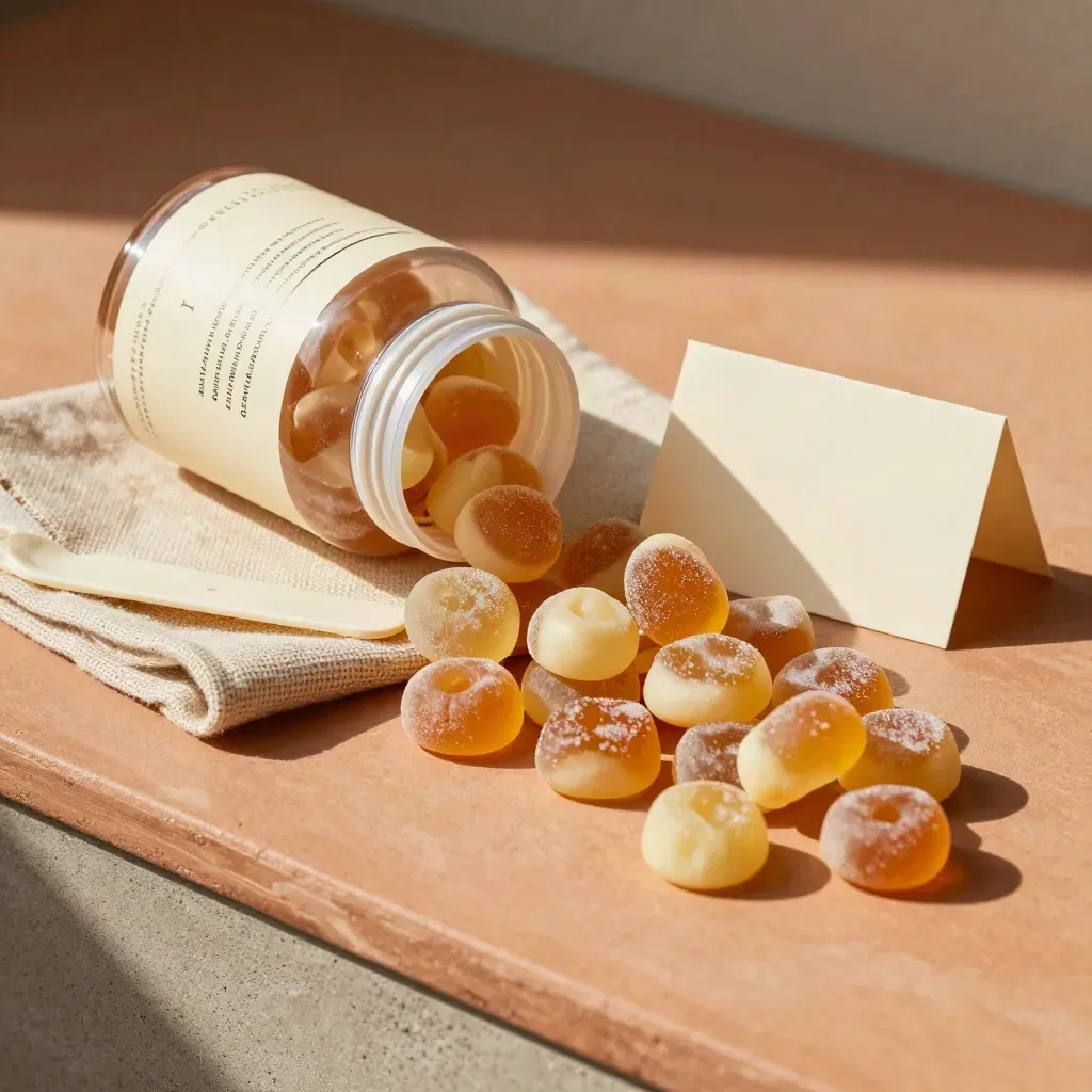 Unbranded CBD gummies tub with gummies fanned out on a terracotta slab and linen napkin.