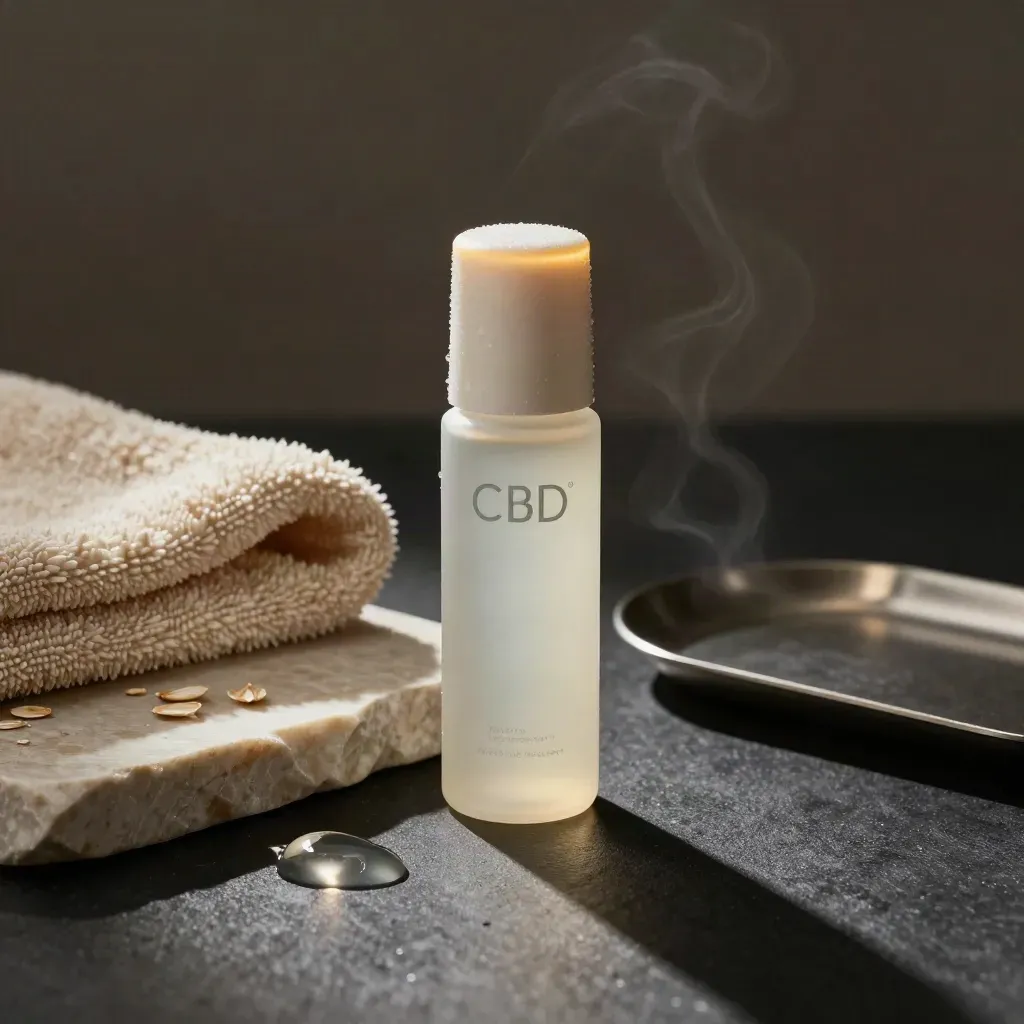 CBD recovery roll-on beside a chilled stone slab and folded towel in dramatic studio light