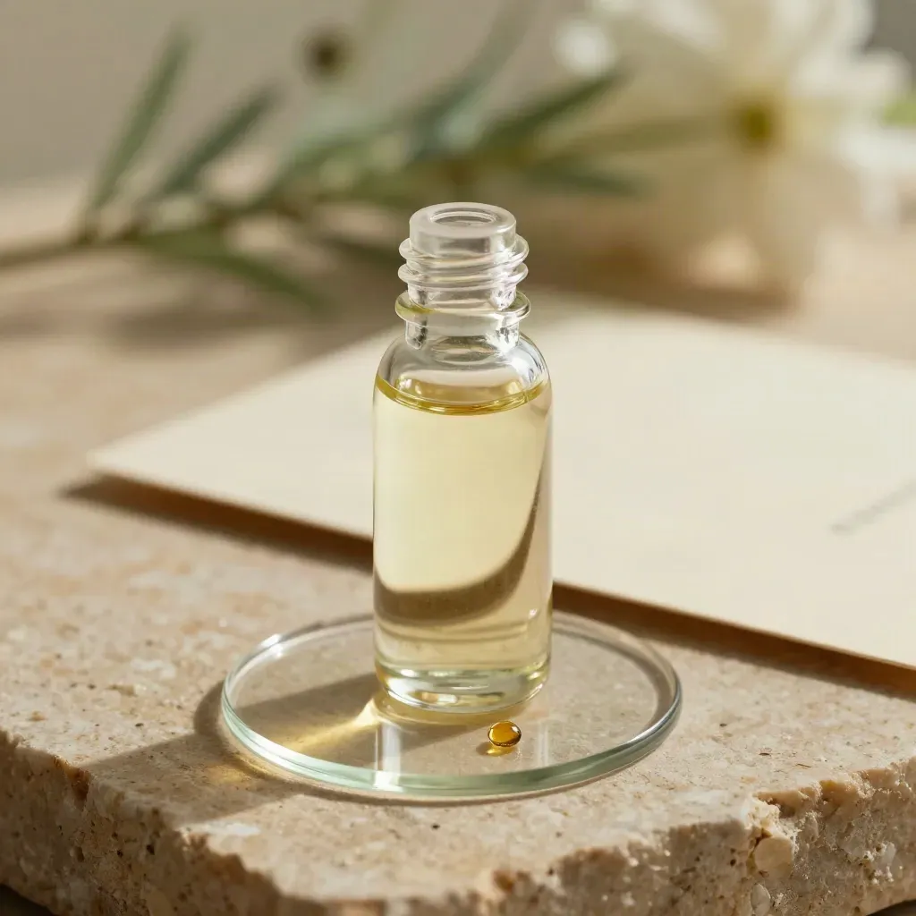 Macro CBD oil bottle on a glass tray with amber sheen and soft green blur behind.