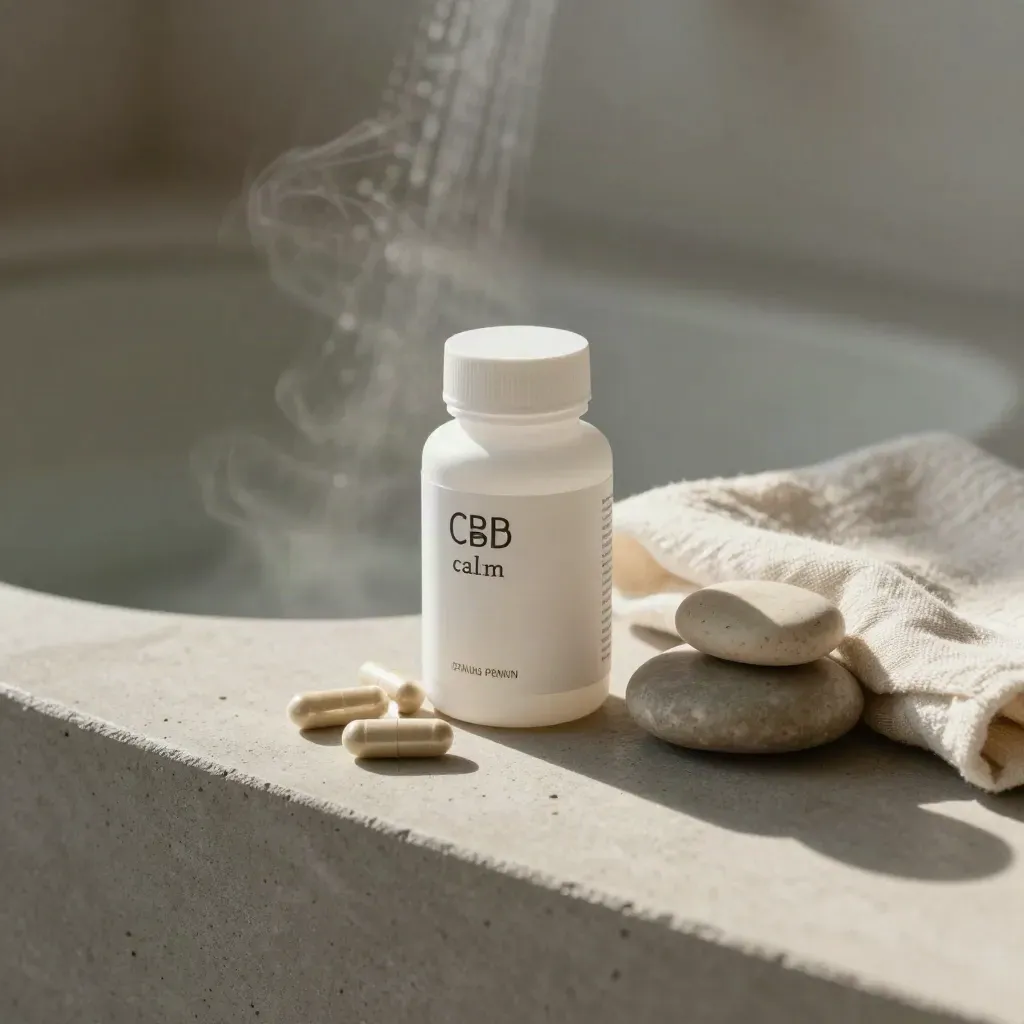 Unbranded CBD capsules bottle with a crescent of capsules on linen beside a ceramic pebble