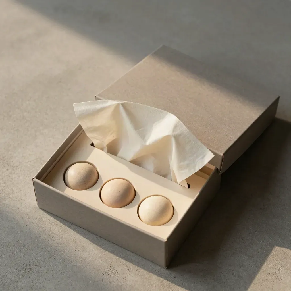 Overhead gift box flatlay with tissue, ribboned insert, and soft cream accents on concrete.