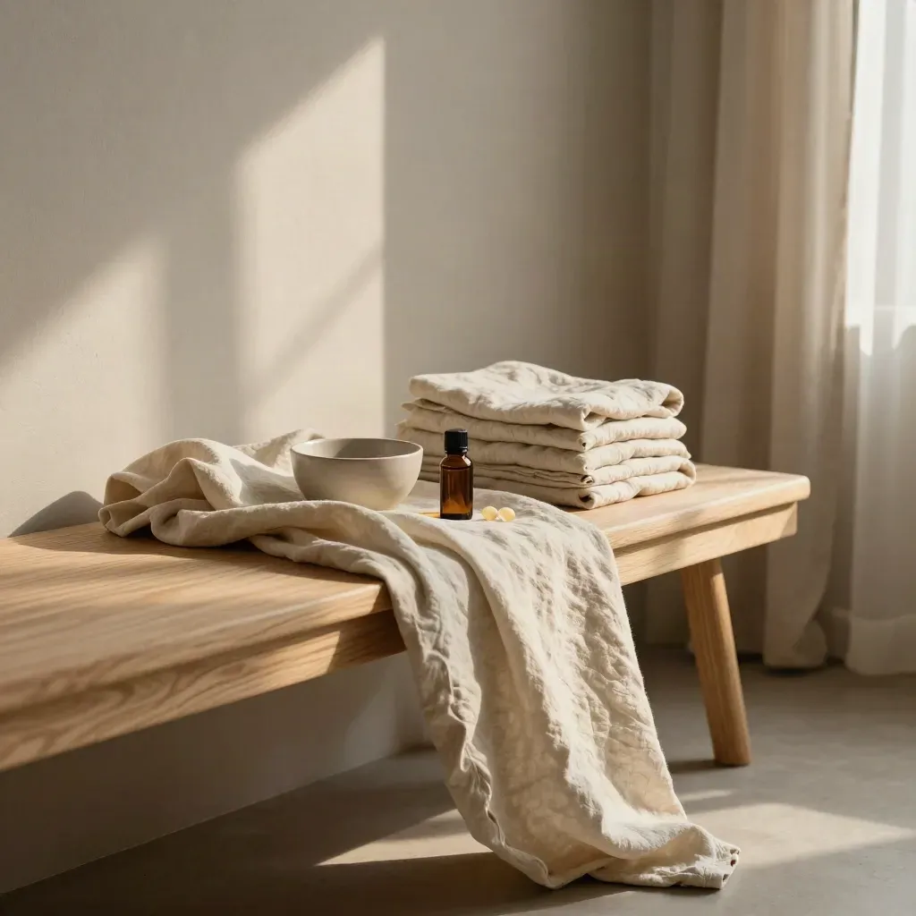 Sunlit cream-linen bedroom corner with oak bench, ceramic bowl and amber CBD tincture