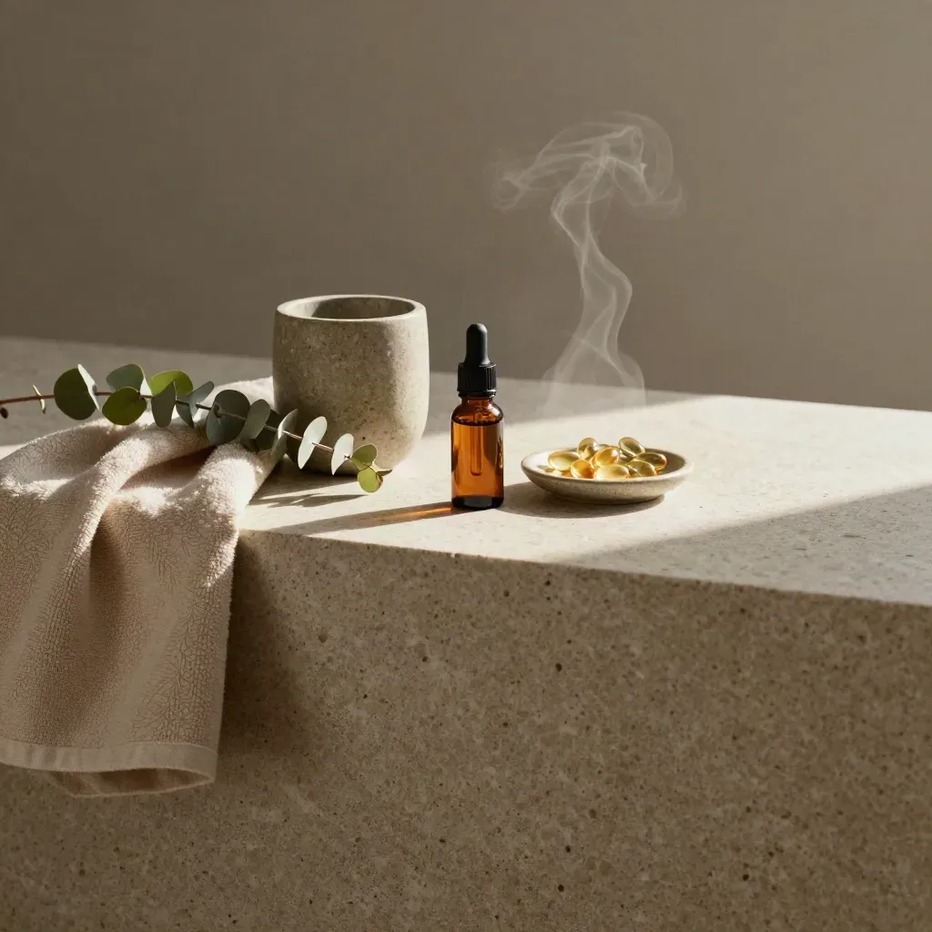 Travertine counter with towel, eucalyptus, stone cup, steam, and CBD bottle