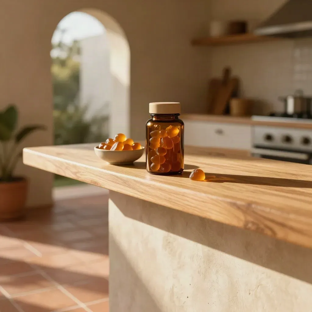 Amber CBD gummies jar and bowl on a pale wood ledge in a sunlit kitchen terrace
