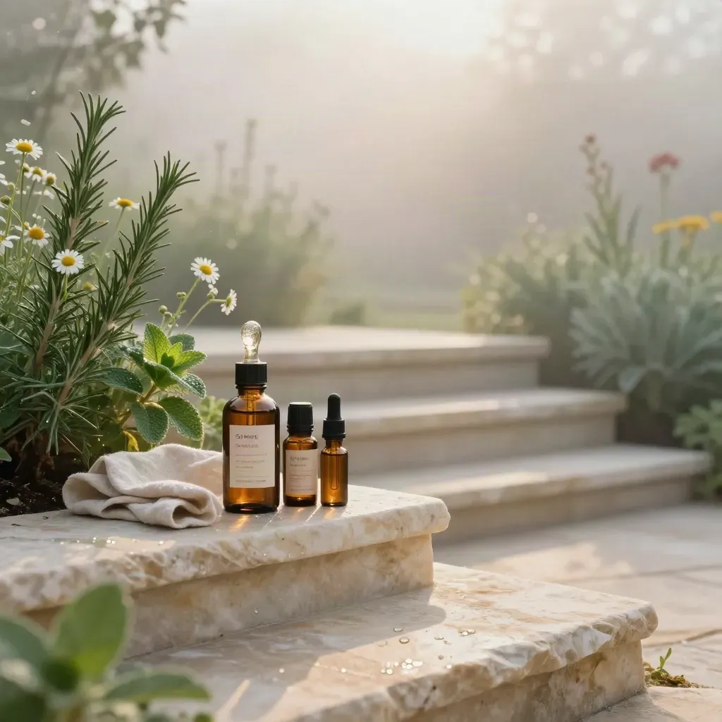 Misty herb terrace with amber CBD tincture bottles on sunlit stone steps