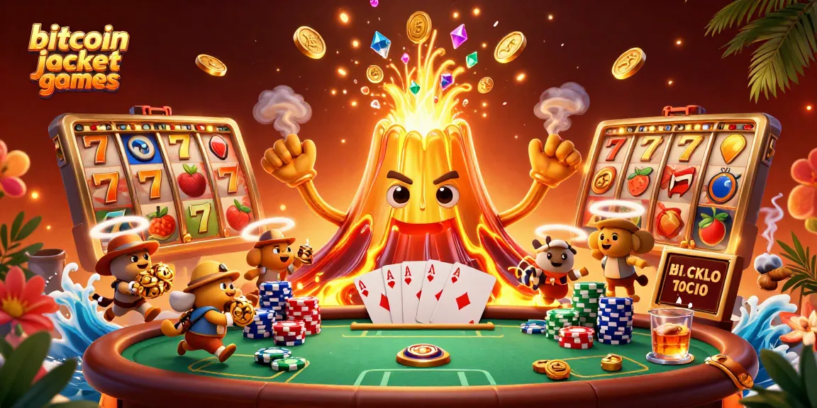 Play thrilling bitcoin jackpot games amid a vibrant volcanic treasure eruption scene.