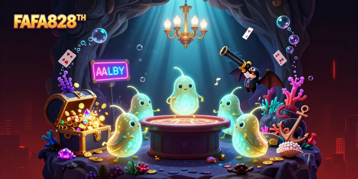 Engage with FAFA828TH in a vibrant cave casino illuminated by glowworms and unique gaming elements.