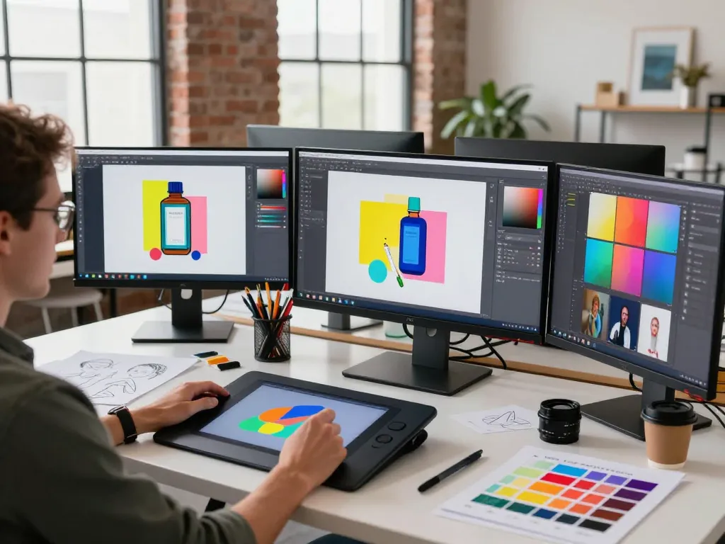 Creative professional using nano banana 2 AI image editor in a vibrant digital art studio.