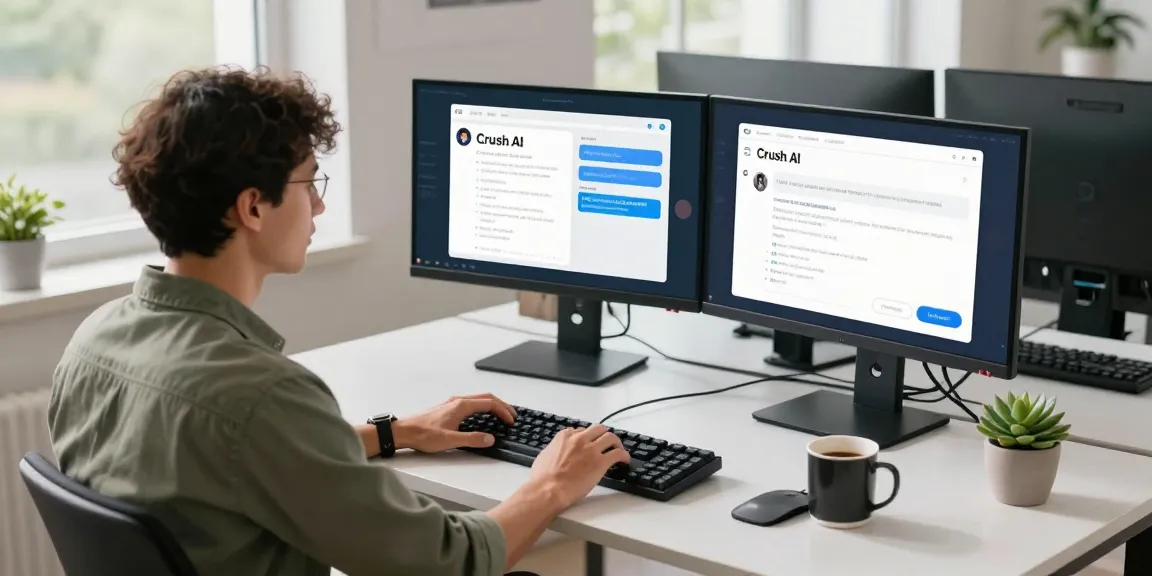 Dynamic workspace featuring Crush AI development on dual monitors, showcasing innovative chatbot interfaces and a developer immersed in tech.