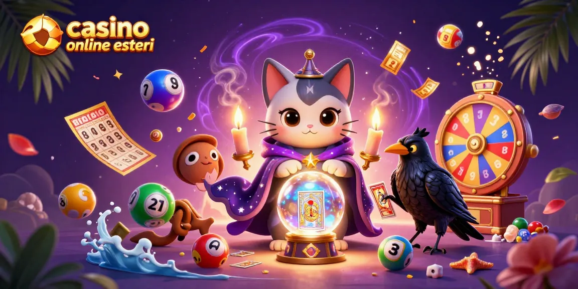 I casino online esteri offrono una scena vibrante con un mistico gatto cartomante, un corvo dei tarocchi e elementi di gioco colorati.