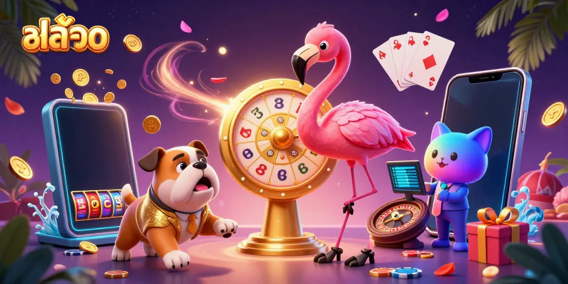 Engaging scene of สล็อต featuring a flamingo game show host, bulldog contestant, and cat prize assistant.