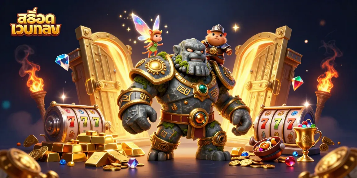 Experience สล็อตเว็บตรง thrill with a stunning 3D scene of a stone golem and magical elements in a casino