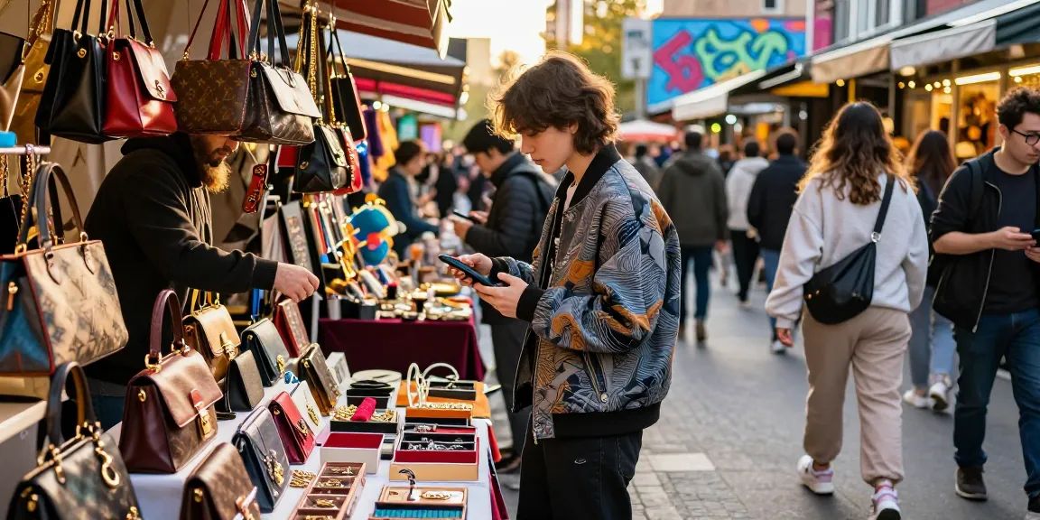 Exploring a lively 레플리카 쇼핑몰 marketplace with stylish items and vibrant atmosphere.