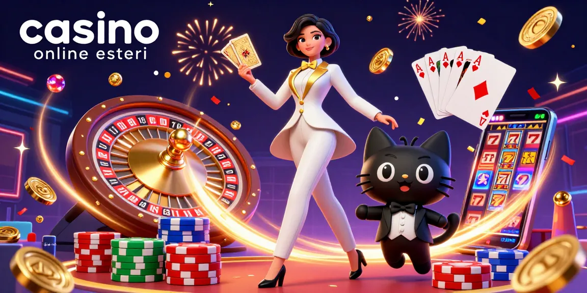 Vivi l'emozione del casino online esteri con una donna glamour e il suo gatto in frac in mezzo a elementi scintillanti del casinò.