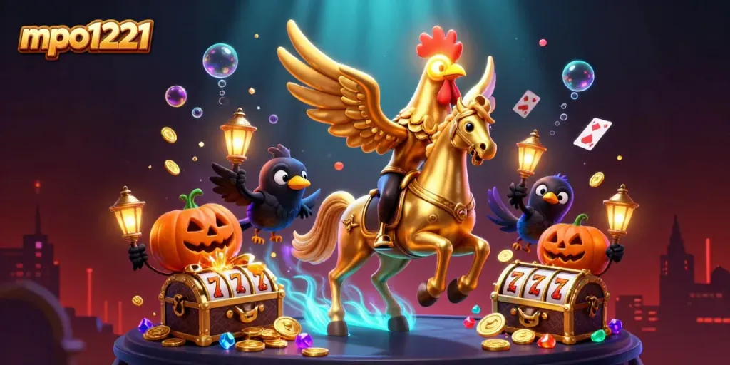 Experience thrilling slots and casino fun with mpo1221 in this fantastical 3D scene.
