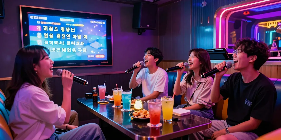 Friends enjoying 제주도유흥 at a lively karaoke bar in Jeju Island, showcasing vibrant nightlife and joyful atmosphere.