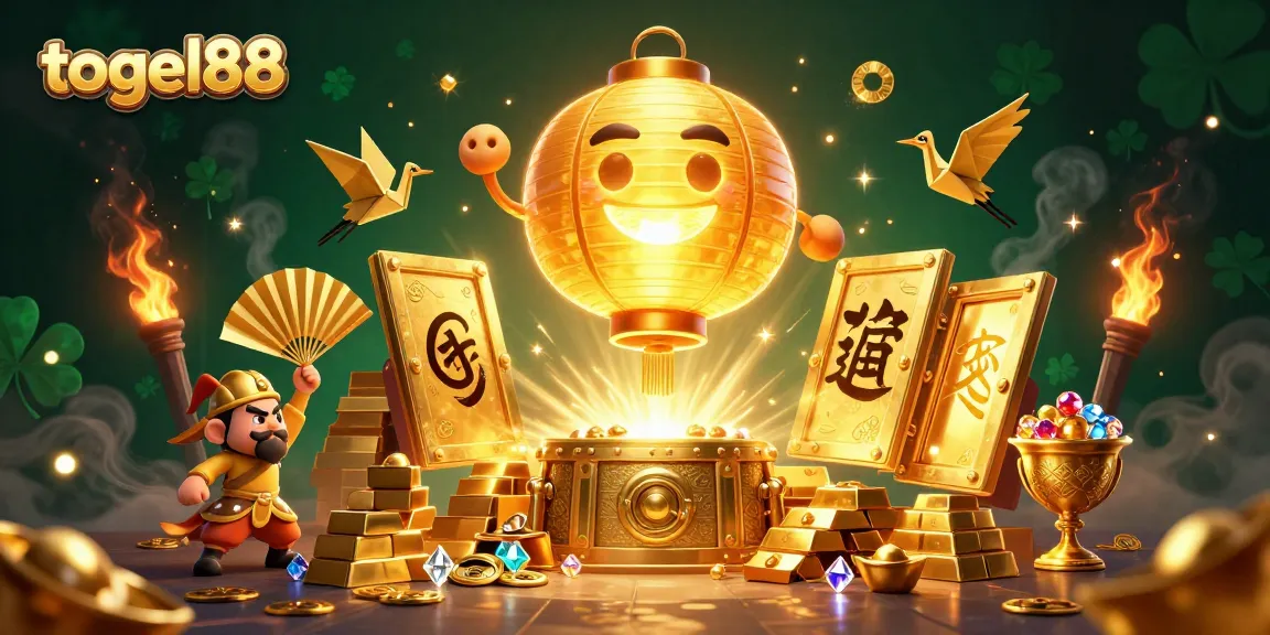 Engage in winning strategies at togel88 with a vibrant casino atmosphere filled with treasures and good luck symbols.