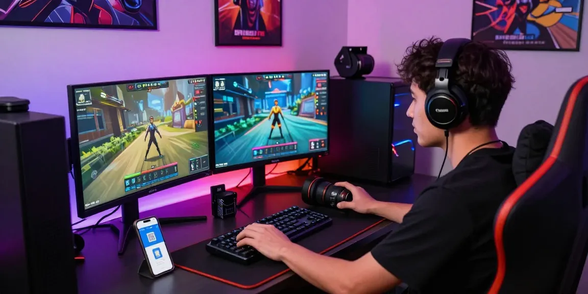 Penggunaan https://www.soilwindowtreatments.com/accessibility untuk topup akun game dengan QRIS tanpa biaya admin, gamer fokus di meja modern.
