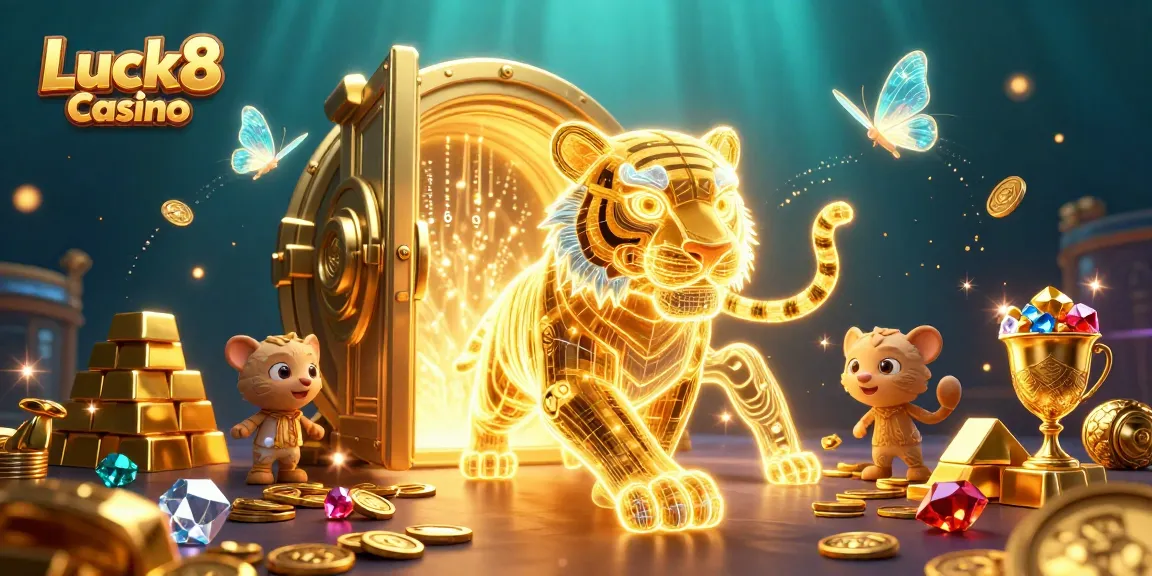 Experience the thrill of Luck8 Casino with a dynamic 3D digital casino scene filled with treasures.