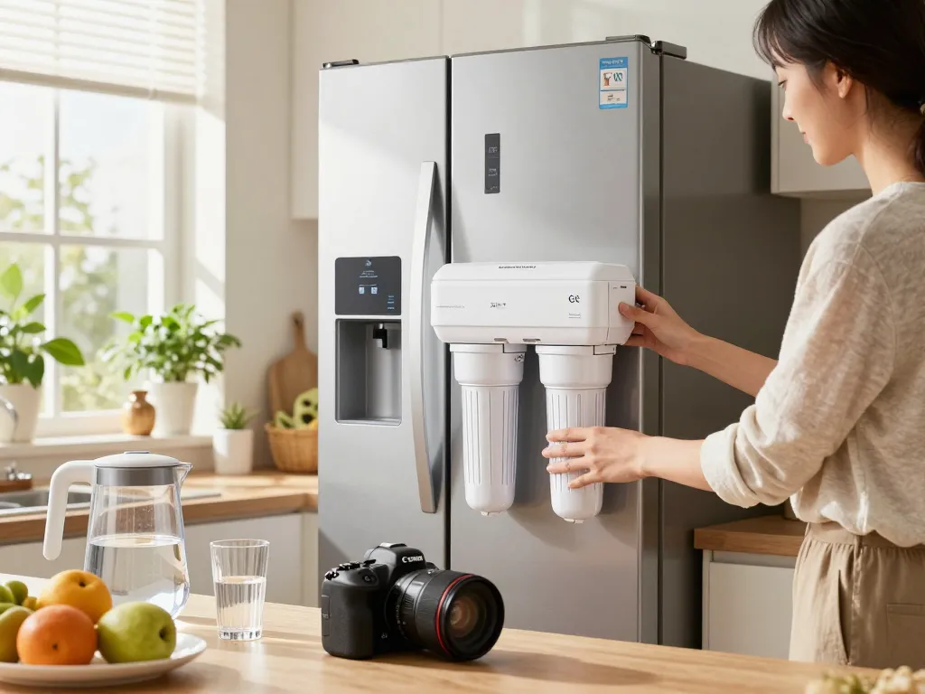 Installing Overbest XWF Replacement for GE® XWF Refrigerator Water Filter in a modern kitchen, showcasing a healthy lifestyle atmosphere.