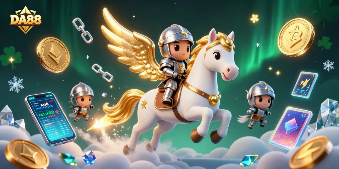 Experience the magic of DA88 as a playful armored knight rides a celestial horse amid crypto coins and gaming elements.