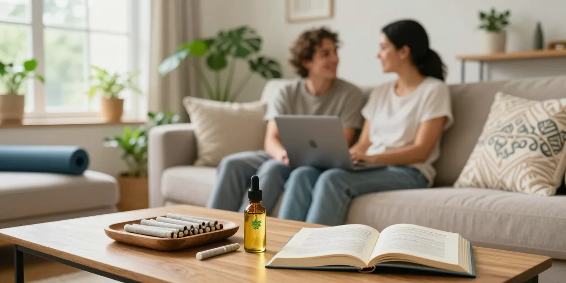 Relaxed wellness scene featuring pre rolls with organic CBD oil, surrounded by houseplants in a cozy living room.