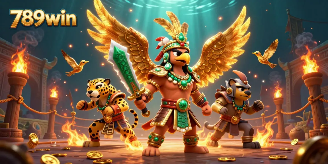 Engage in thrilling gameplay at 789win, showcasing a dynamic illustration of Aztec warriors amidst vibrant casino elements.