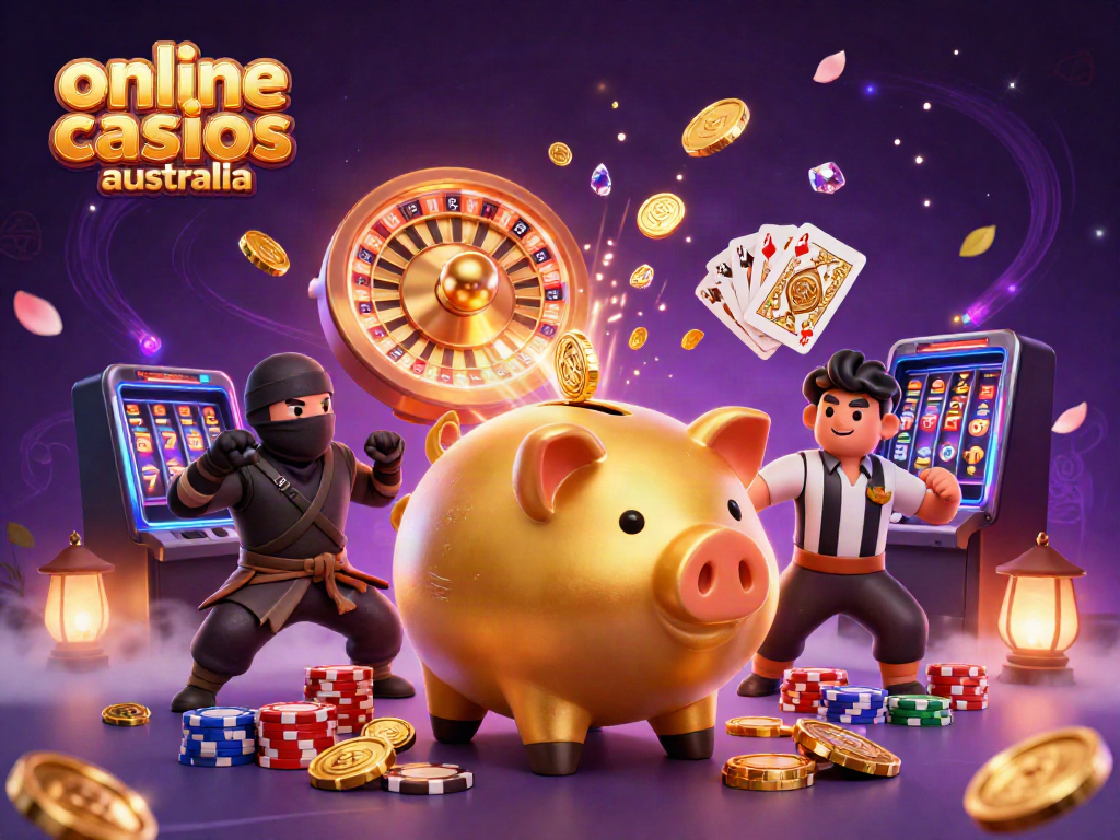 Online casinos Australia scene with piggy bank sumo wrestler, wallet ninja, and samurai referee amidst casino elements.